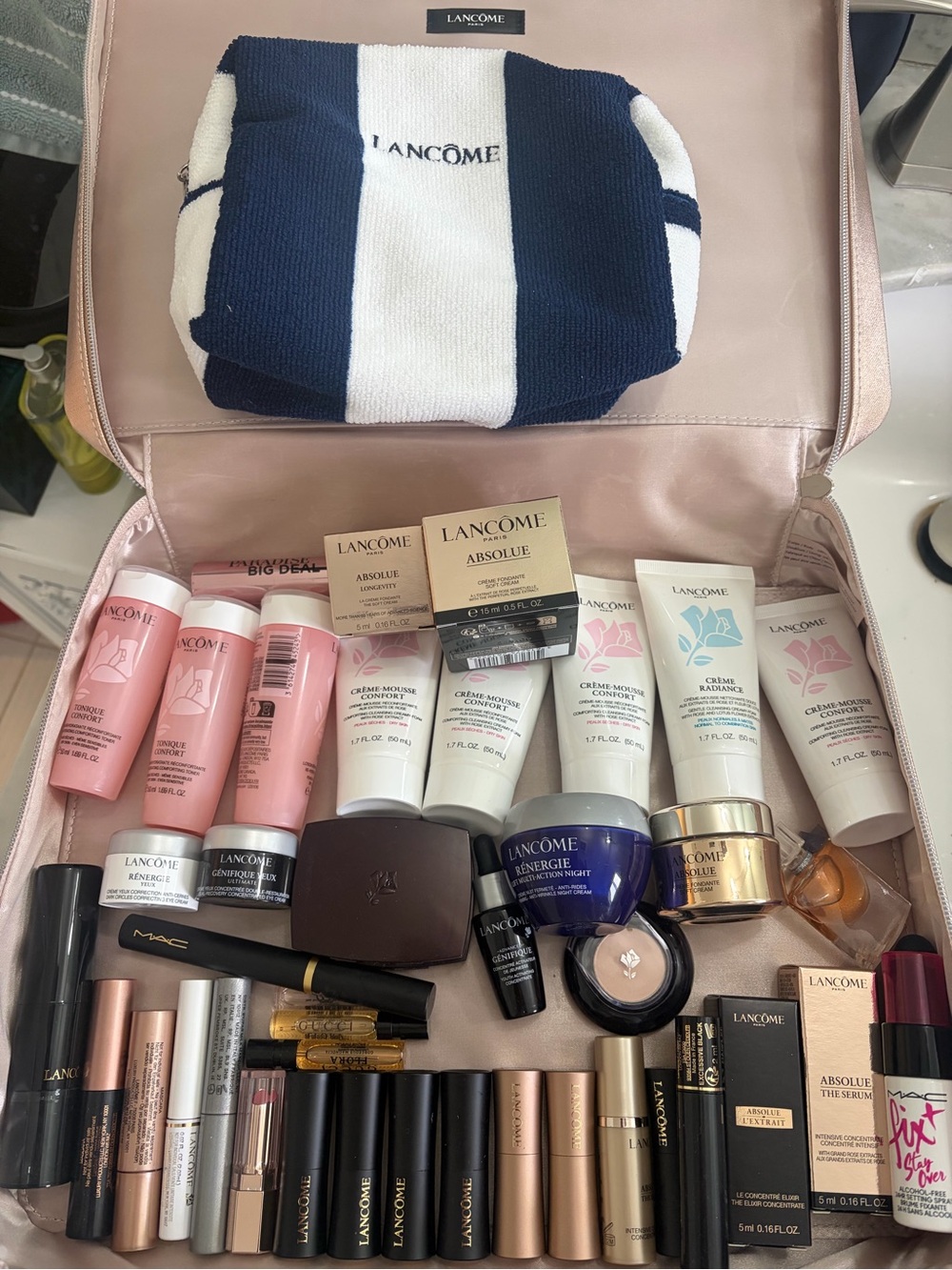 Brand new Lancôme Makeup and Skincare Gift Set with Navy & White Striped Pouch